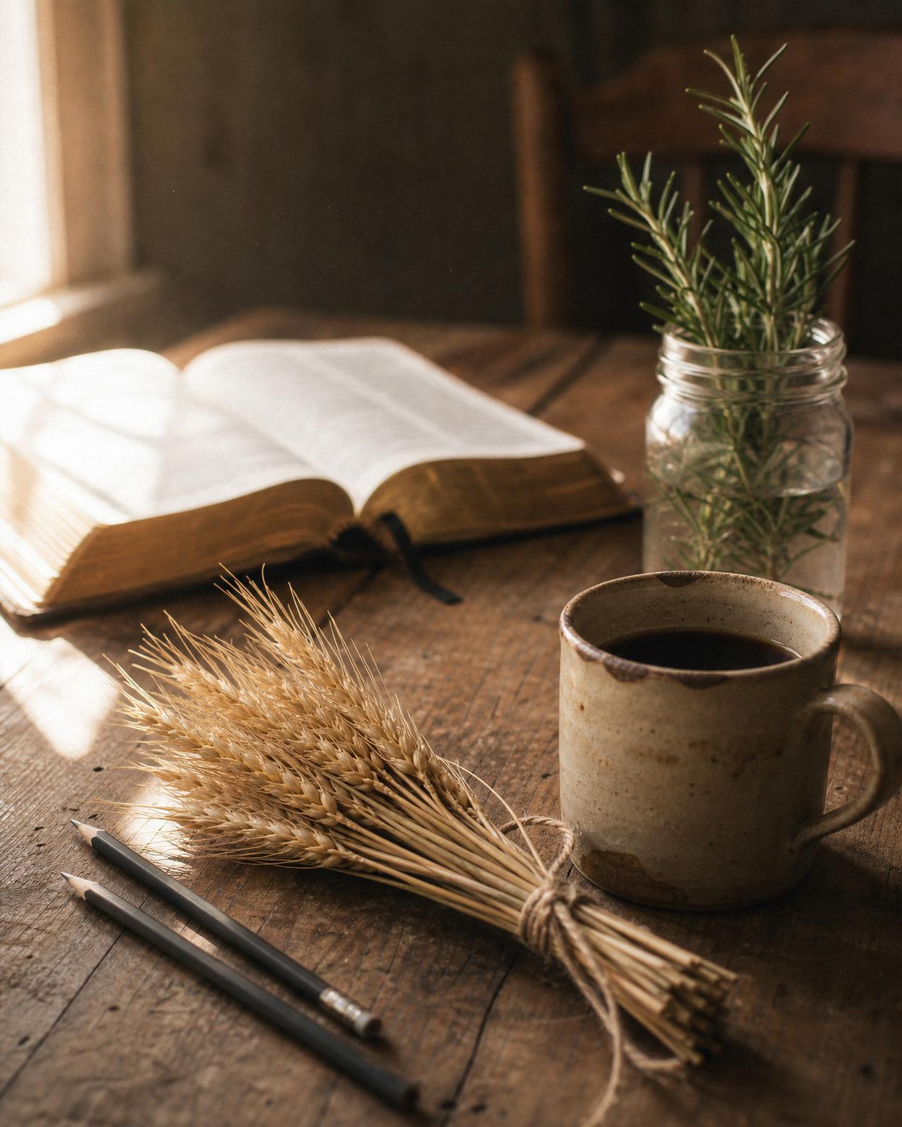 Open journal, Bible, and pencils on a wooden table